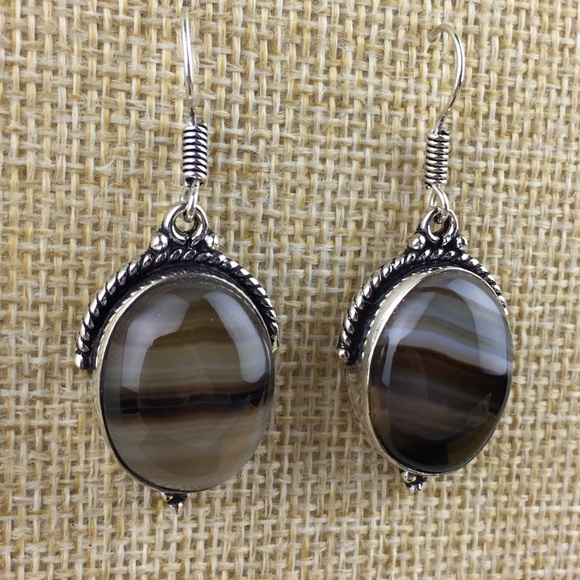 Banded Agate Stone Hook Dangle Earrings - Picture 3 of 7